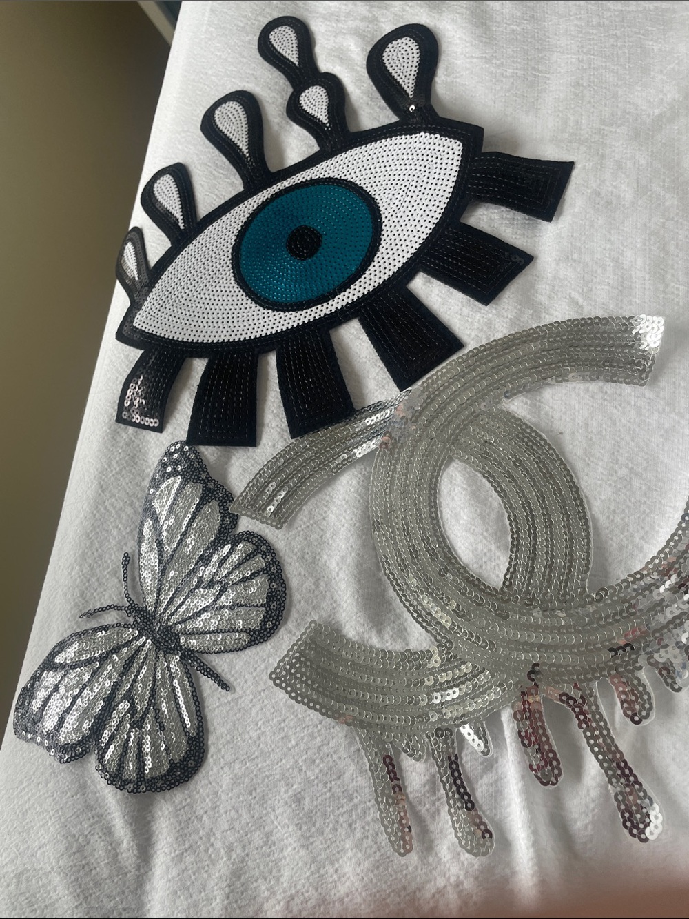 Embroidered Sequin Eye & Butterfly Appliqué Patch Set - Black, Teal, Silver